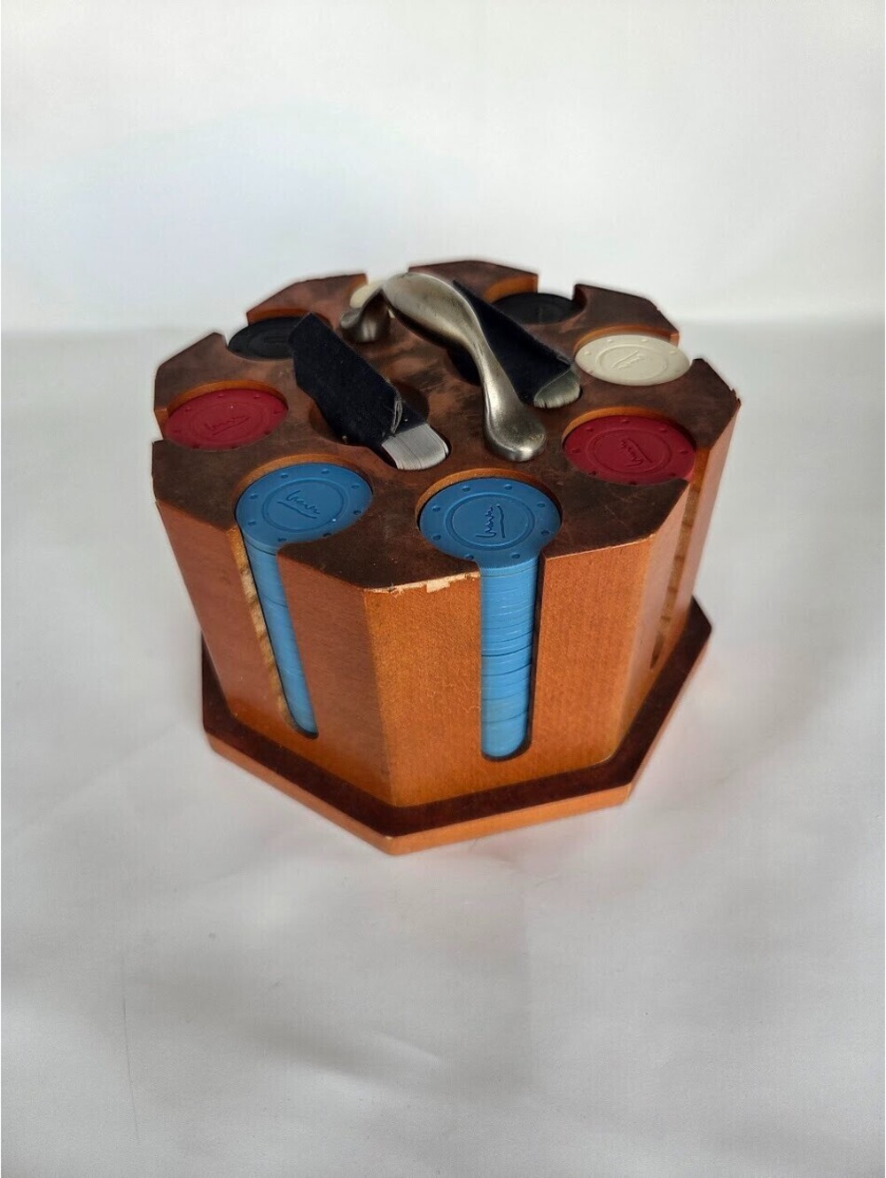 Vintage Octagon Wooden Poker Set with Handle, Chips, and Card Holders